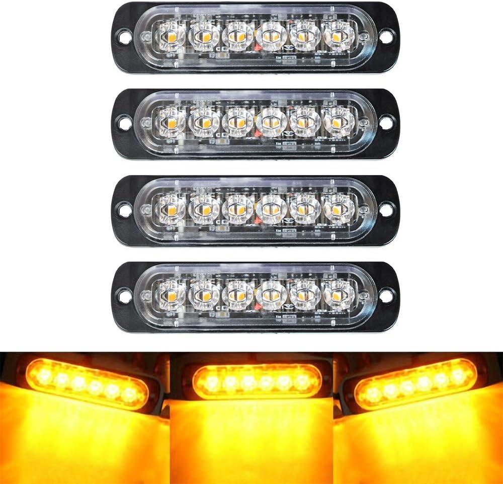 4-Pack 6 LED Amber Strobe Lights Vehicles Trucks Emergency Strobe Lights Kit 12V -24V Warning Hazard Flash Strobe Lights Bar Grill Grille Surface Mount Super Bright Waterproof (4 Pieces)