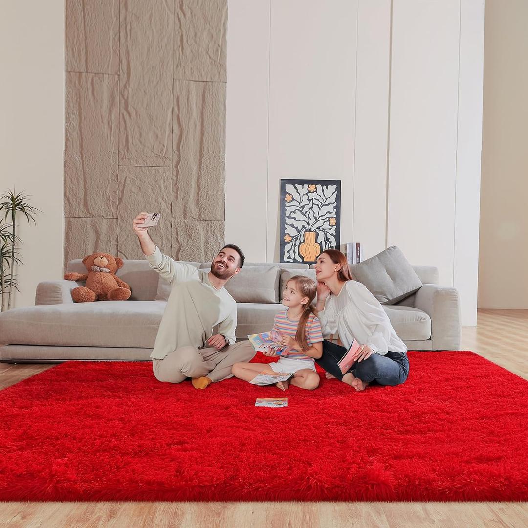 Red 8x10 Area Rugs for Living Room Bedroom, Fluffy Large Rug Soft Shag Non-Slip Carpet for Kids Boys and Girls Room Dorm Home Decor (8ft x 10ft)