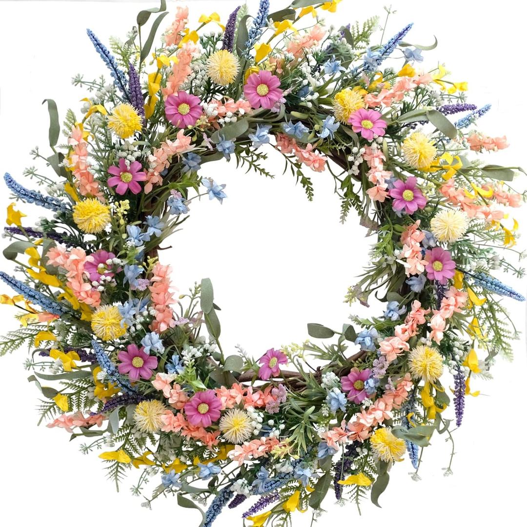 26 Inch Spring Summer Colorful Flower Wreath for Front Door, Forsythia Lavender Wild Flowers Wreath for Home Decor, Colorful Wild Flowers with Green Leaves for Everyday