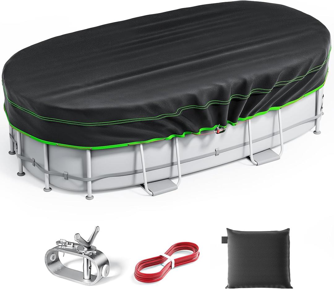 7x10 Ft Oval Pool Cover - Heavy Duty Solar Rectangular Pool Cover Protector, Waterproof & Tear-Resistant with Winch & Cable, Ideal for Winter & Dustproof Use