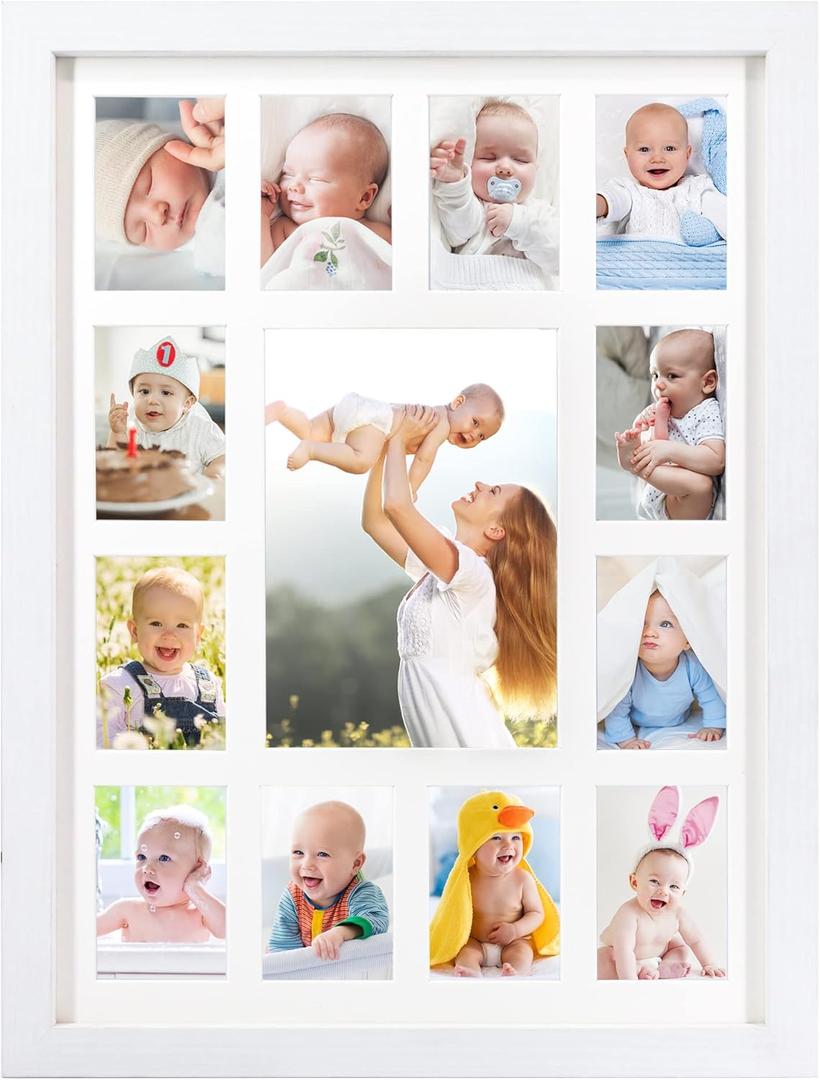 FramePro My First Year Picture Frame, Baby's First Twelve Months Photo Collage and Gender Neutral Keepsake, Ideal for Baby Shower, New Mom Gift and Nursery Decort, Displays One 5x7 Photo and Twelve 2x3 Pictures