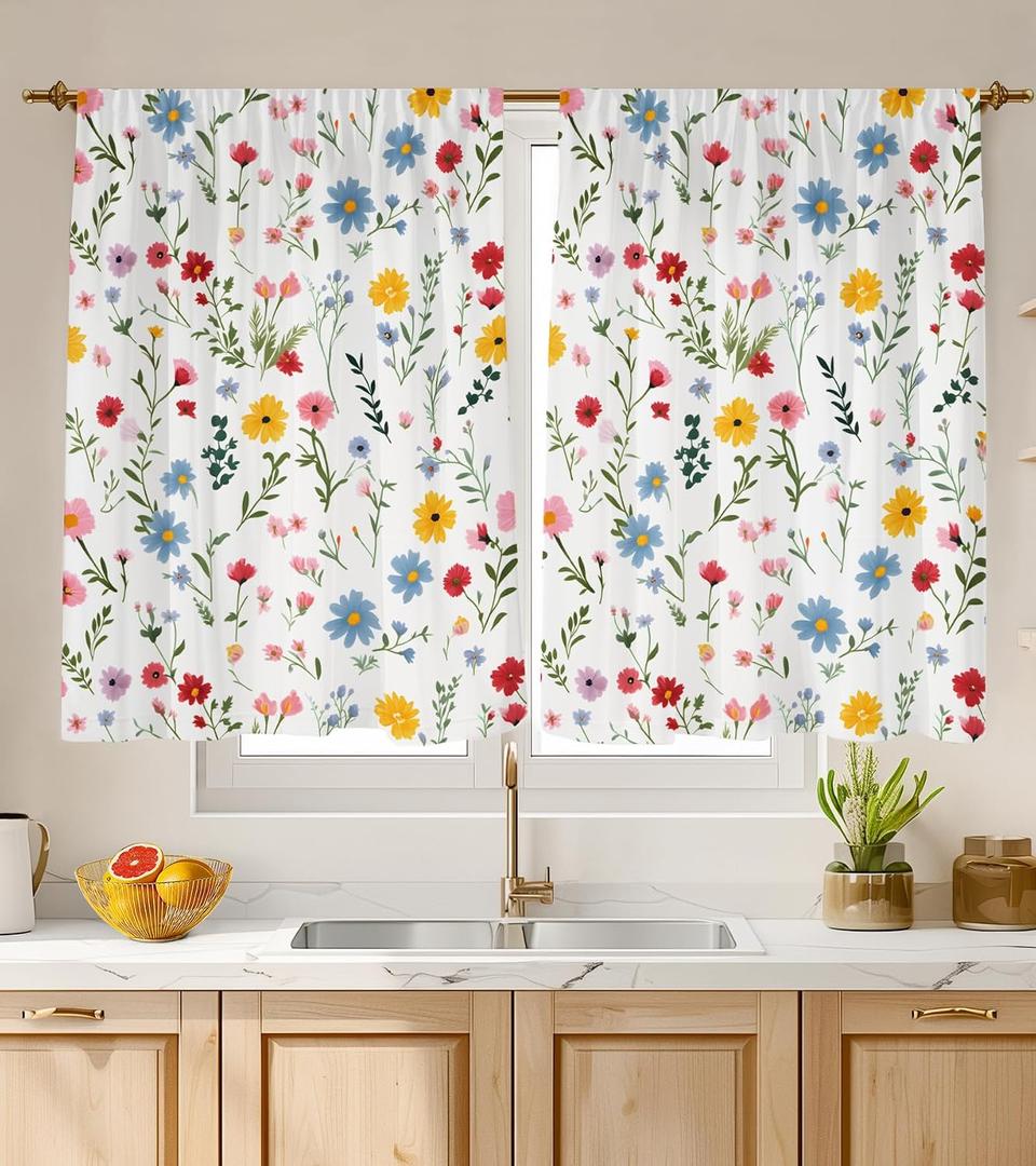 Kitchen Curtains (2 Pcs) Over Sink Cafe Basement Cortinas para Cocina Farmhouse Short Mini Curtain for Bathroom Window Spring Summer Elegant Country Rustic Modern Cute, 2636", White Floral