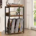 LELELINKY Large Brown Record Player Stand, 3 Tier 18" Wide Big End Table with Vinyl Storage Up to 130 Albums, Industrial Turntable Printer Tables, Modern Side Tables for Living Room, Bedroom, Office