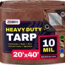 20' x 40' Brown/Silver Heavy Duty Tarp with Grommets Reinforced - 10 Mil Thick - Double Sided Plastic Waterproof Tarps - Large Tarpaulin Cover for Outdoor Camping Tent Tarp RV Roof Rain - Zebro