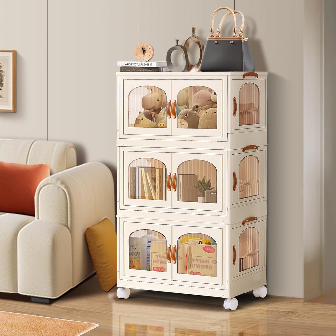 EHAMILY 8.4 Gal Folding Storage Box with Wheel and Door, Clear Plastic Large Foldable Cabinet, Stackable Storage Bins with 1 Lid Set 3 Tier, White Collapsible Bin