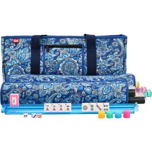 Mahjong Set Mahjong Game Set American Mahjong Set 166 Tiles 4 All-in-One Color Rack/Pushers Blue Paisley Soft Neoprene Bag Mahjongg Ma Jong Set, 18.89 inches x 9.44 inches x 3.5 inches