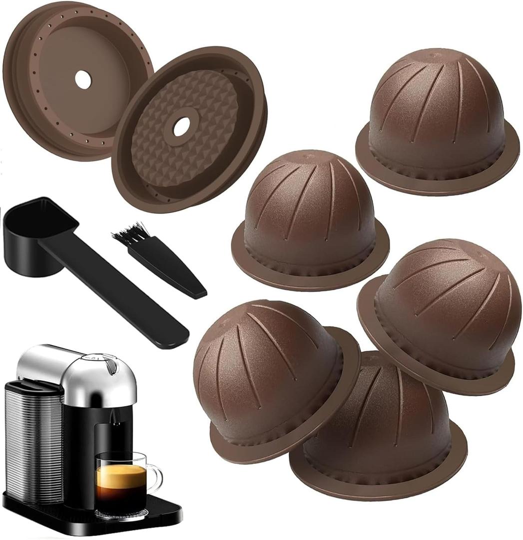 5PCS Reusable Coffee Vertuo Pods, Refillable Coffee Capsule,Compatible with Nespresso Ver0tuo Coffee Machine, with 2 Pcs Reusable Coffee Capsule Lid, Spoon and Brush (Brown-150ML)