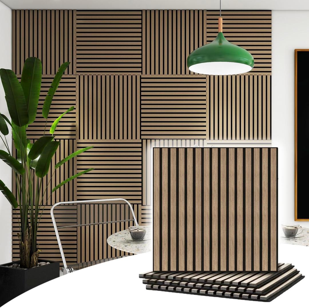 4 Pcs Wood Slat Acoustic Panels, 3D Fluted Wood Panel Sound Absorbing Panel for Wall and Ceiling, Decorative Sound Proof Panels (Walnut, 4pcs - 23.6 X 23.6 in)