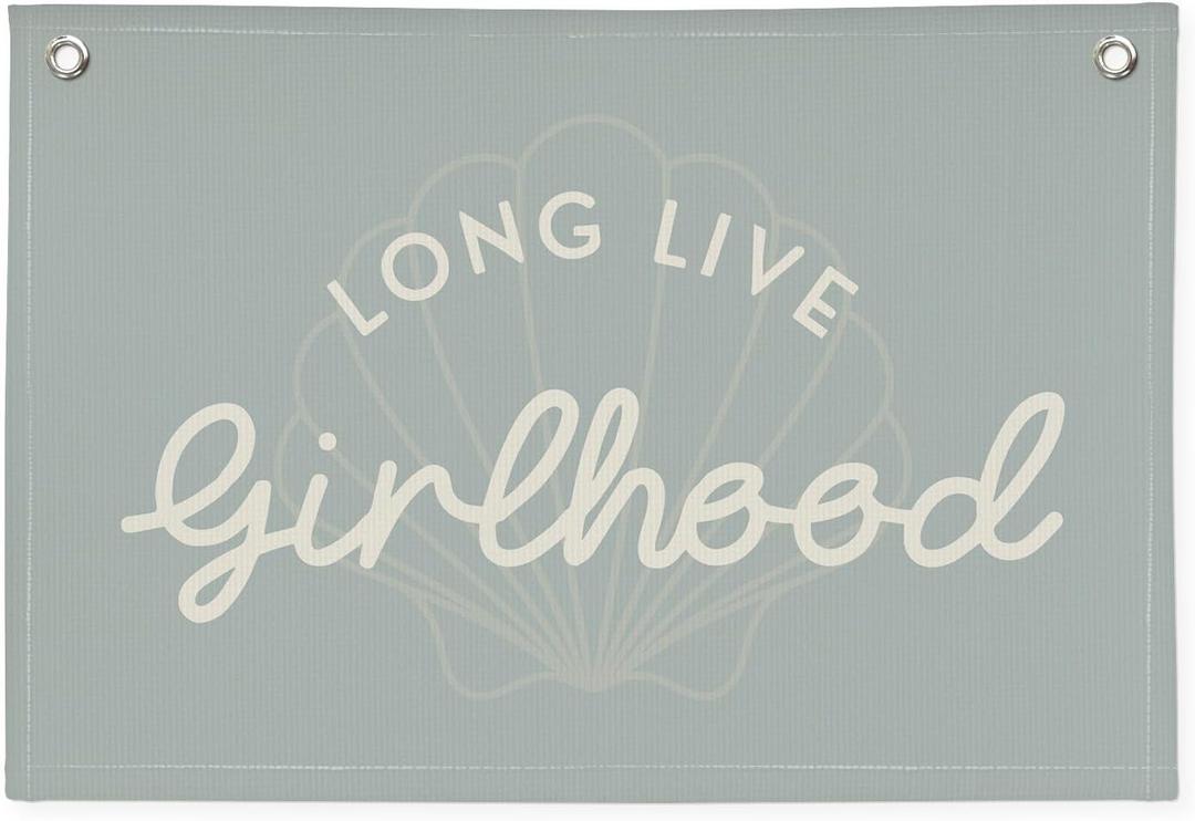 Cute Blue Coastal Girls Room Decor,Beach Room Decor Long Live Girlhood Sea Shells Linen Hanging Banner Flag for Nursery Playroom Wall,Toddler Decorations Trendy 30x20,girlroom