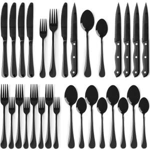 Astercook 24-Piece Black Silverware Set with Steak Knives Flatware Set for 4 Food-Grade Stainless Steel Cutlery Set Mirror Polished Utensils Set Include Spoons and Forks for Home Kitchen Restaurant (Elegant Black Pro)