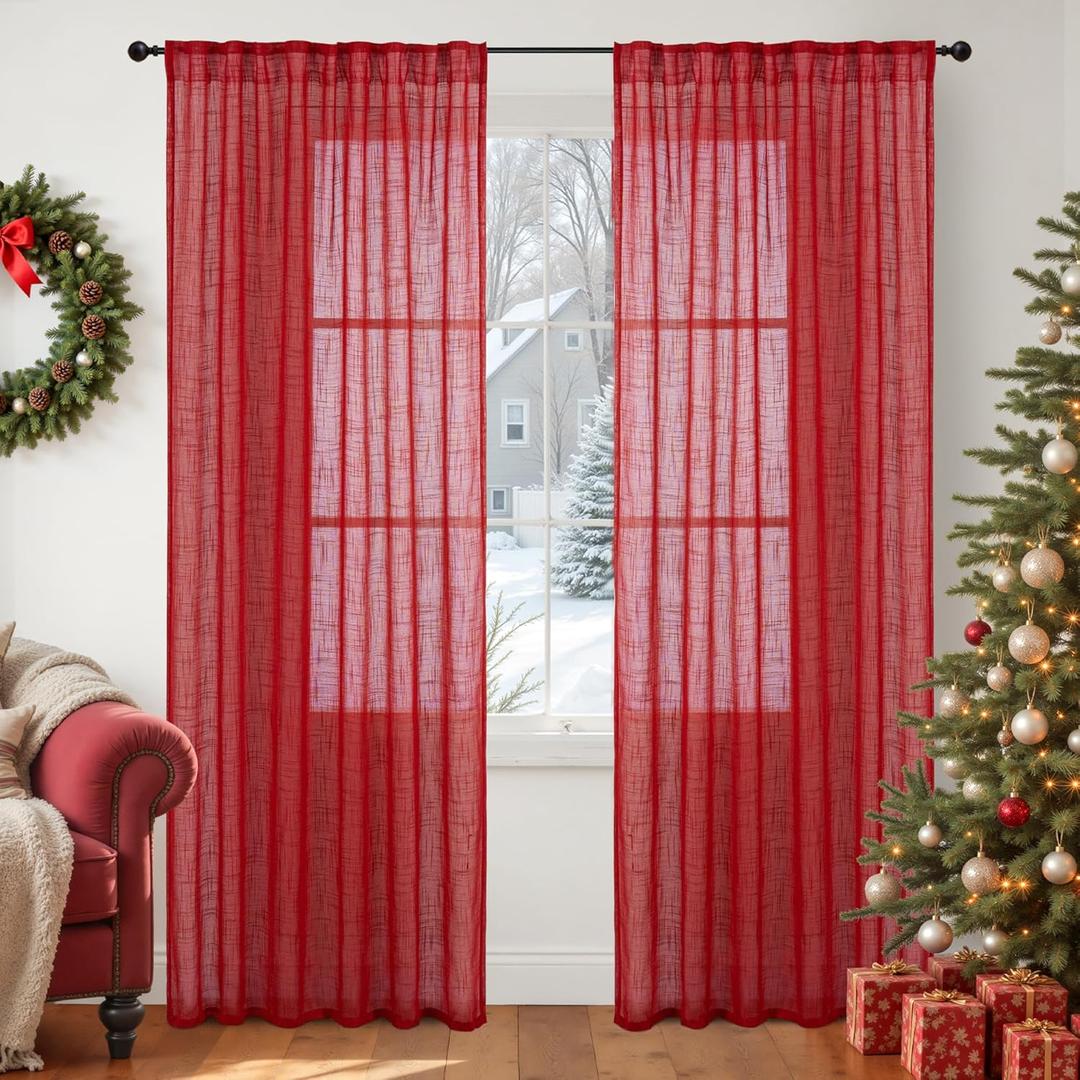 YoungsTex Red Linen Semi Sheer Curtains 80 Inch Length - Light Filtering Drapes with Back Tab Rod Pocket Lightweight for Living Room Window, 2 Panels, 52 X 80 Inch