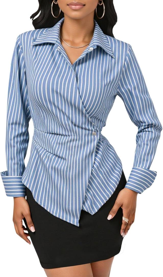 Women's Striped Wrap Long Sleeve Shirt Elegant Collared Button Front Asymmetrical Blouses, M