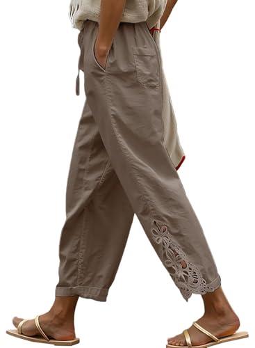 Acelitt Women's Trendy Casual Linen Pants Lightweight Drawstring Elastic Waist Summer Trendy Ankle Cropped Pants Trousers Khaki XXL