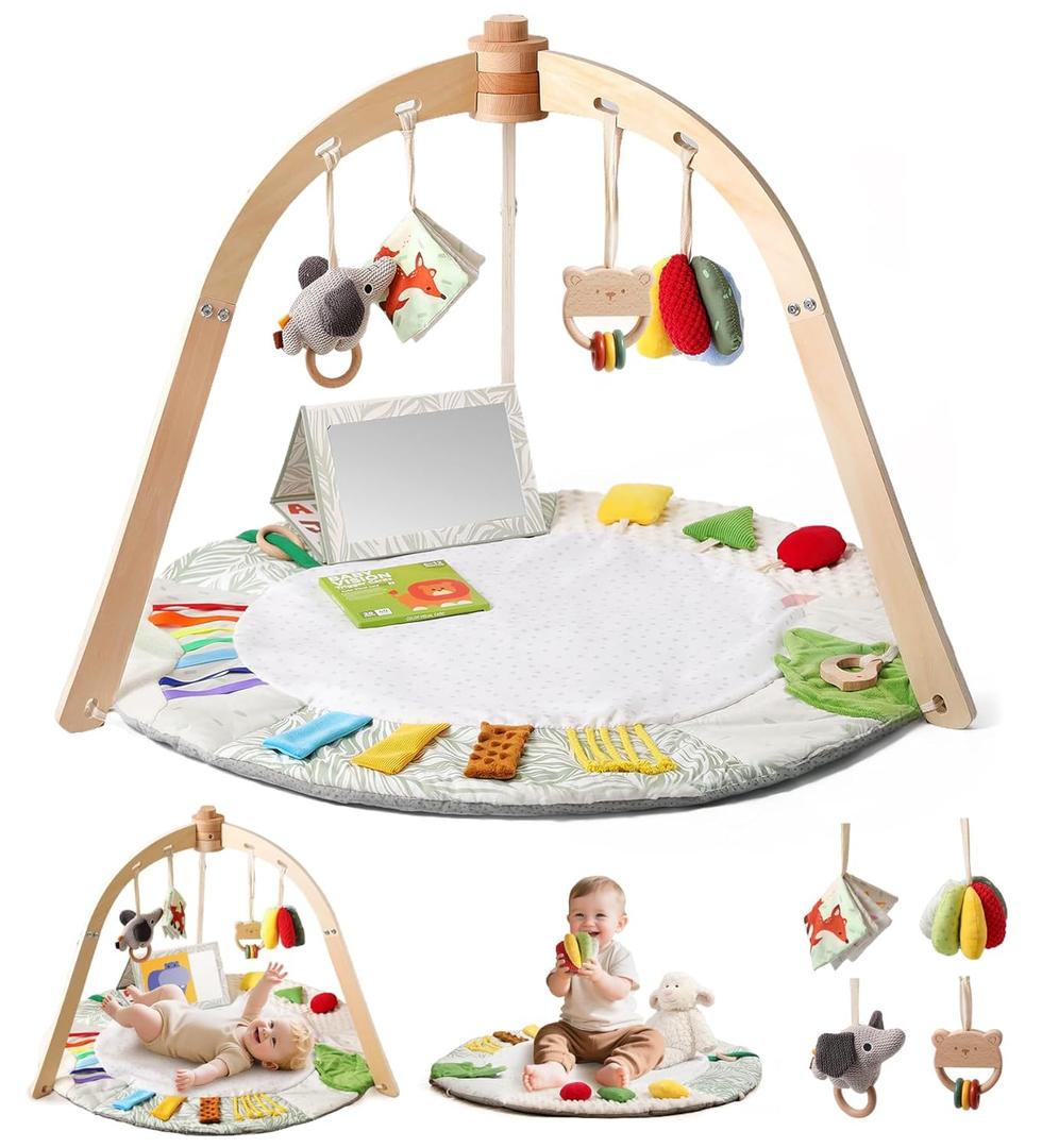 Wooden Baby Play Gym & Tummy Time Playmat  Montessori Sensory Activity Mat with 6 Developmental Toys for Fine Motor Skills  for Newborns to Toddlers (012M+)