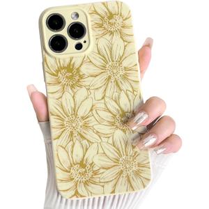 NITITOP Compatible with iPhone 13 Pro Max Case Silicone Cute Flower Floral Sunflowers Pattern for Women Girl Trendy Slim Fit TPU Silicone Shockproof Full Camera Protection Cover - Yellow