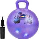 Flybar Hopper Ball for Kids, Inflatable Bouncy Ride-On Ball w/Handle for Indoor & Outdoor Active Play, Includes Pump, Jump Ball Toy for Boys & Girls, Supports Up to 165 lbs, Ages 3+, 18-Inch, Small (Rocket Led Purple)