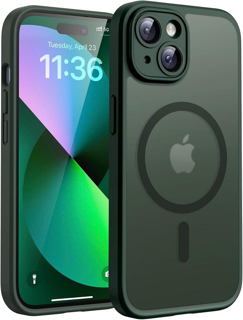 TOCOL Magnetic for iPhone 13 Case, Upgraded Full Camera Protection, Compatible with Magsafe, 15FT Drop Protection, Translucent Matte Back Bumper Phone Cover 6.1-Inch (Alpine Green)