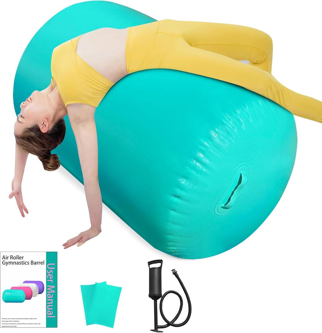 Air Roller Gymnastics Barrel, Air Track Tumbling Mat Equipment Inflatable Barrel Roller Back Handspring Trainer with Manual Pump for Yoga Cheerleading Home Gym Use ((Diam)23.6 in*(H)47.3 in, Green)