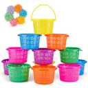10 Pack Easter Baskets for Kids, Plastic Easter Bags with Handles, Easter Bucket Bags Filled with Grass for Easter Egg Hunt, Perfect Theme Party Favors