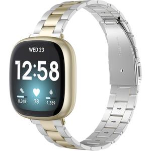 Wearlizer Compatible with Fitbit Versa 4/3 Bands/Fitbit Sense Bands for Women Men, Stainless Steel Ultra-Thin Lightweight Metal Replacement Strap for Versa 4/Sense (Soft Gold+Silver)