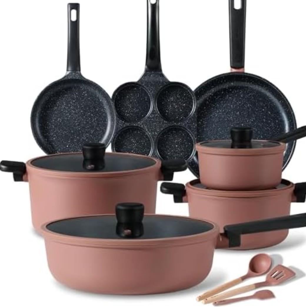 CAROTE Non Stick Pots and Pans Set, Cookware Sets Nonstick, Kitchen Cooking Set with Stay-Cool Handles,with Silicone Tools and Pot Protectors,14 Piece