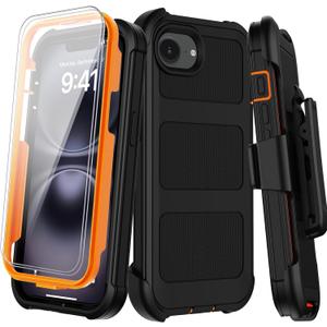 for iPhone 16e Case with Belt Clip Holster,iPhone 17e Case w/Screen Protector X2,Heavy Duty Shockproof Drop Protection Military Grade 2-Layers Rugged Durable Phone Cover for Apple 16e 17e(Black Orange)