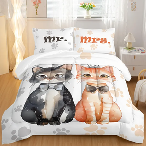 Nttopship Lovers Cat Comforter Bedding Set with 2 Pillowcase Queen Size Cartoon Cat Comforter Set for Kids Boys Girls Bedroom Decor