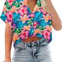 Cropped Hawaiian Shirts for Women Hawaii Tropical Button Down Tops Floral Tropic Print Summer Beach Outfits (XXL)