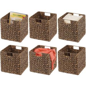 mDesign Natural Woven Hyacinth Cube Organizer Basket with Handles, Storage for Bathroom, Laundry Room Shelf or Nursery - Perfect for Cubby Storage Units - Hold Blankets and Books - 6 Pack, Brown Wash