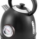1.7L Electric Kettle, Retro Stainless Steel Water Boiler with Temperature Gauge & Auto Shut-Off, 1200W Fast Boiling Kettle for Home Kitchen Office, Boil-Dry Protection (Matte Black)