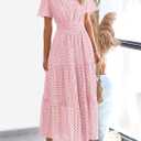 PRETTYGARDEN Womens 2026 Summer Maxi Dress Short Sleeve V Neck Hollow Out Eyelet A Line Long Flowy Beach Vacation Dresses (Pink, M)