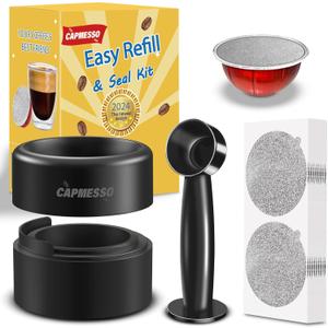 CAPMESSO Reusable Vertuo Pod Refill Kit, Faster Seal Reusable Nespresso Vertuo Pods with Fill & Press Brush,100pcs Aluminum Foil Lids for Refillable Nespresso Pods Vertuo