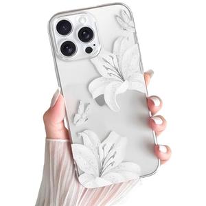 Skyseaco for iPhone 16 Pro Case, Clear Cute Butterfly Lily Floral Flower Phone Case for Women Girls, Clear Slim Camera Lens Shockproof Protection Phone Cover, WhitePack of 2