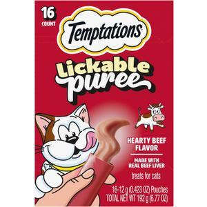 Temptations Creamy Puree Squeezable Lickable Cat Treats, Wet Cat Treats with Beef Liver, 0.42 oz. Tubes, 16 Count (EXP 10/17/27)