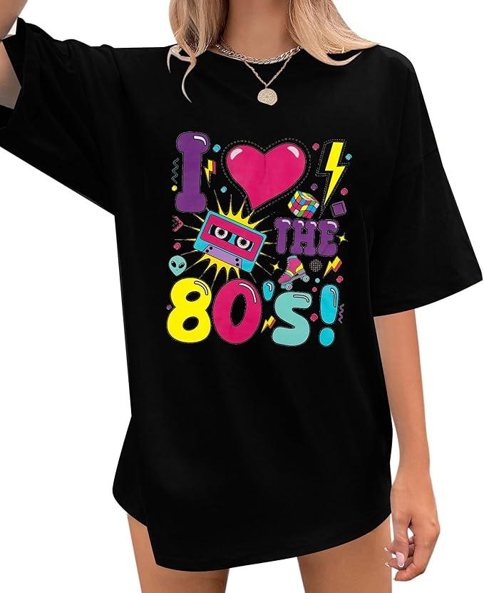 Oversized 80s Outfits for Women I Love The 80s Shirt Vintage neon Shirts for Birthday Party Gift Casual Short Sleeve Top, 2XL