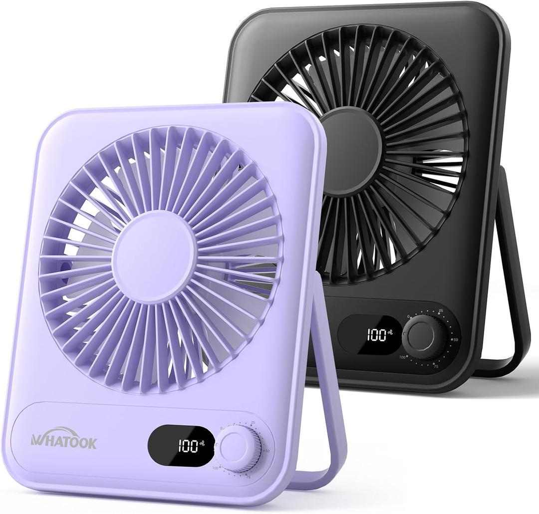 WHATOOK Desk Fan 2 Pack: 100 Speeds Stepless Control 2000mAh Battery Operated Portable Fan, Rechargeable Table Fan for Cruise Ship Essentials, Gift for Couples, Dorm, Office, Bedroom(Black and Purple)