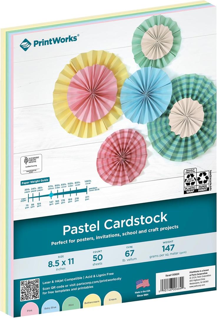 PrintWorks Pastel Cardstock 8.5" x 11" - 50 Sheets - 5 Assorted Pastel Colors - Ideal for School & Craft Projects - 67 lb/147 gsm - Made in the USA - SFI Certified (00684) (Single)