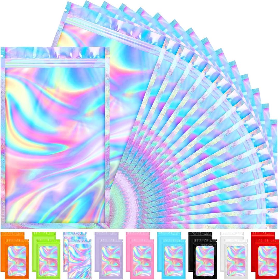100 PCS Mylar Holographic Bags, MINI Resealable Bags, Scent Proof Bag, Bracelet Bag, Small Gift Baggies for Dulces, Lipgloss, Eyelash, Jewelry Packaging | 2.4x3.9 Inch