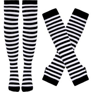 Tongcloud Women's Striped Knee High Socks, Over Knee Thigh High Socks, Arm Warmer and Fingerless Gloves Set (Black and White)