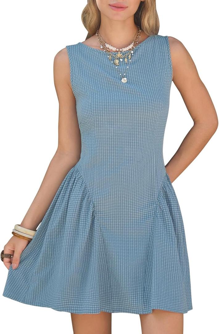 EXLURA Womens Summer Casual Cotton Gingham Dresses Back Elastic Waist Sleeveless Faux Linen Elegant Mini Short Beach Dress (Blue), XS
