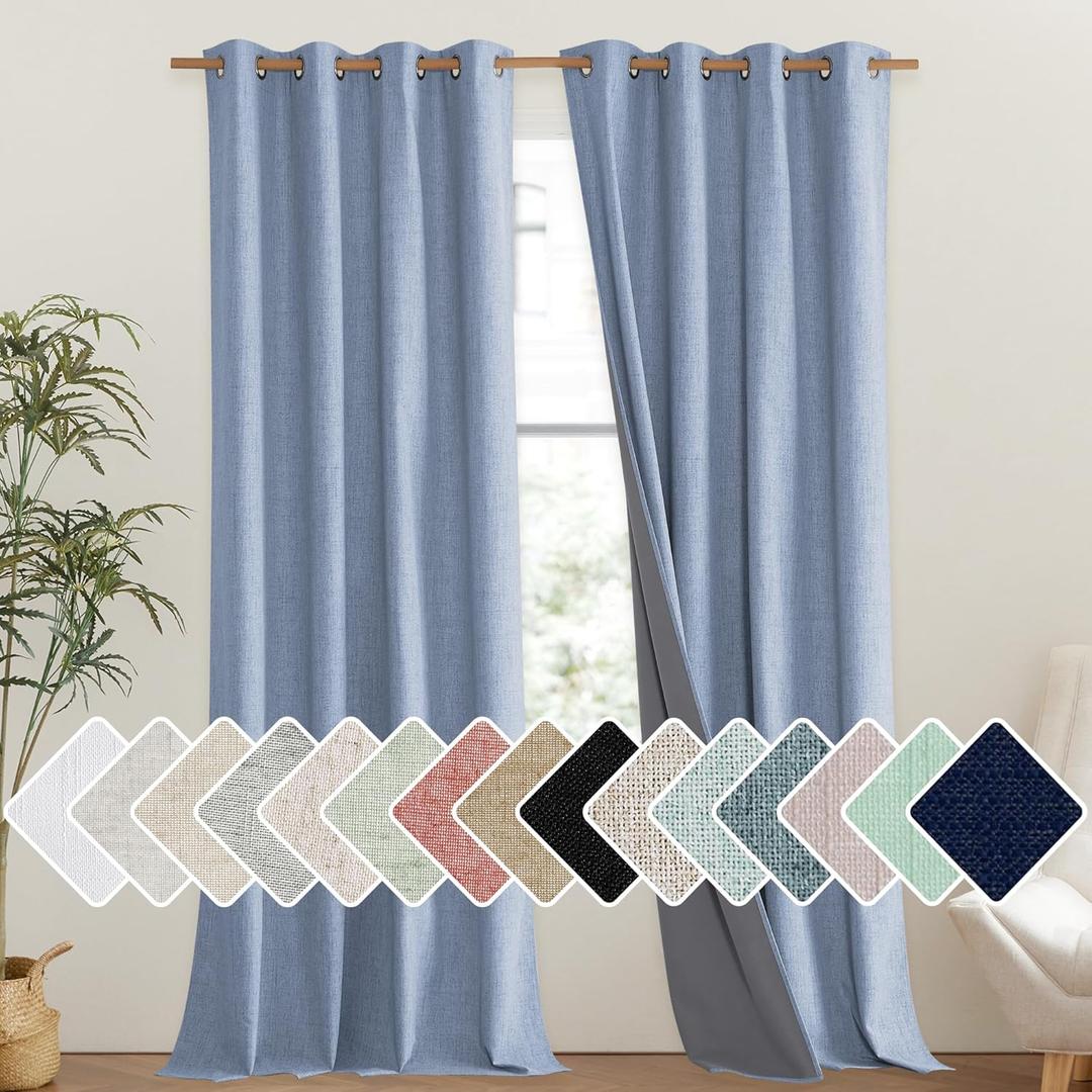 NICETOWN Stone Blue Vintage Linen 100% Blackout Curtains for Living Room, Thermal Insulated Curtains 108" Long, Noise Reducing Window Treatment Drapes for Hall Room, 52" Wide Per Panel, Set of 2