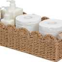 CubesLand Paper Rope Scalloped Edge Toilet Paper Storage Basket, Small Living Room, Bedroom Decor Baskets for Over Toilet Storage Shelf, End Table, Shelves and More, with 2 Wooden Handle, Neutral