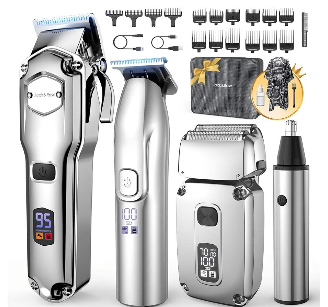Jack & Rose Hair Clippers for Men Set Professional, Cordless Men Hair Trimmer, Electric Shavers, Barber kit, 4 in 1,LED Display, for Nose, Body, Bald Head