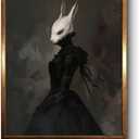 VIYYIEA Framed Canvas Wall Art Home Decor Gothic Room Decor Prints, Vintage Rabbit Lady Wall Decor, Aesthetic Dark Academia Easter Wall Pictures Gold Framed Goth Artwork 9x11in