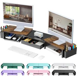 gianotter Dual Monitor Stand Riser, Desk Organizer With Drawer and 2 Pen Holders,Computer Monitor Stand, Desk Shelf for Top of Desk, Wood