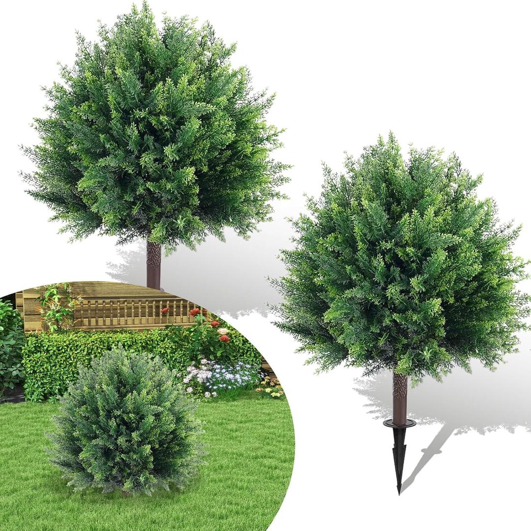 Artificial Cedar Christmas Topiary Ball Trees with Ground Spike, 2 Pack UV Resistant Artificial Shrubs Bushes, Fake Plants for Outdoor Front Porch Garden Decor