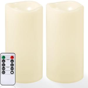 NURADA 8" x 4" Large Outdoor Flameless Candles - Waterproof LED Pillar Flickering Candle Battery Operated with Timer Remote Control for Patio Porch Lanterns Decor - Long Lasting Set of 2 (Ivory White)