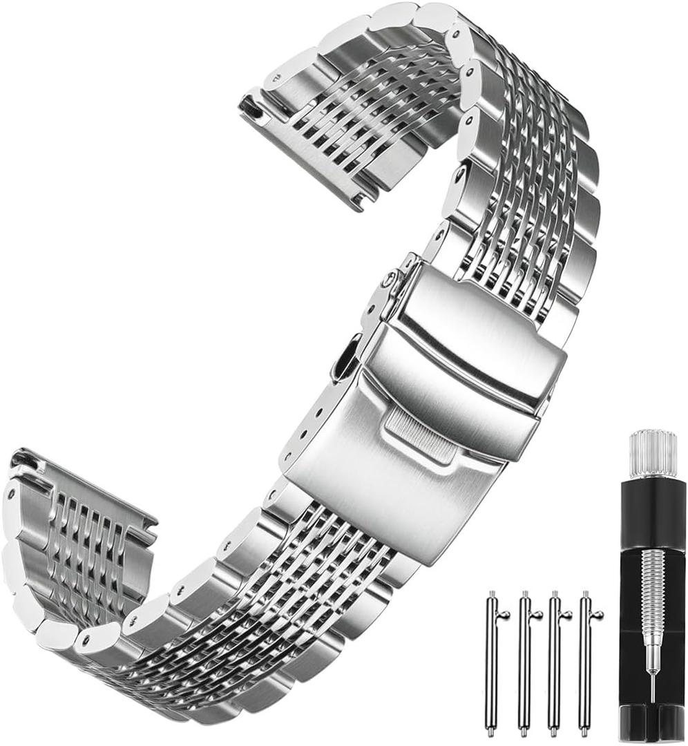 Stainless Steel Watch Band 18mm 20mm 22mm 24mm, Solid Polished Mesh Watch Bands Silver Black Rose Gold Watch Bracelet with Double-Lock Deployment Clasp Watch Strap for Men Women