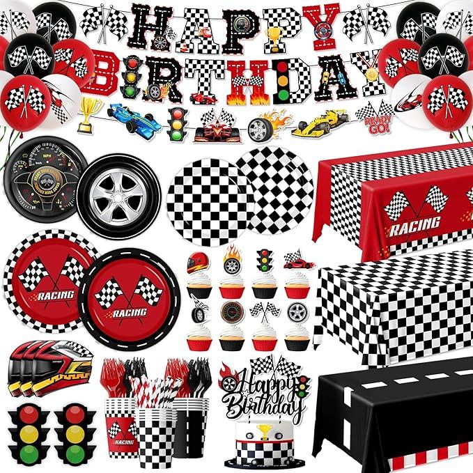 Race Car Birthday Party Decorations,185pcs Cars Birthday Decorations Plates and Napkins Cups Tablecloths,Cake Topper,Balloon for Racing birthday Decorations,Serves 24