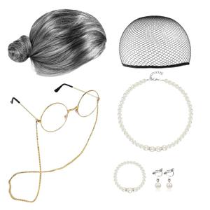 7pcs Halloween Old Lady Costume for Women Grandma Granny Wig Glasses Old People Cosplay for 100th Day of School Outfit